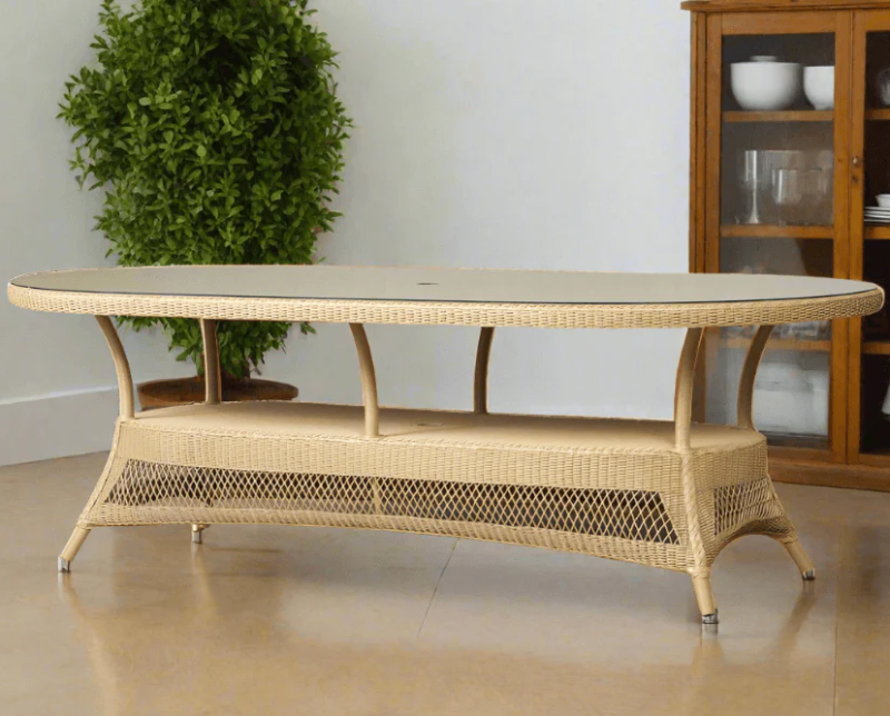 Wicker coffee table in a room with a plant and wooden cabinet.
