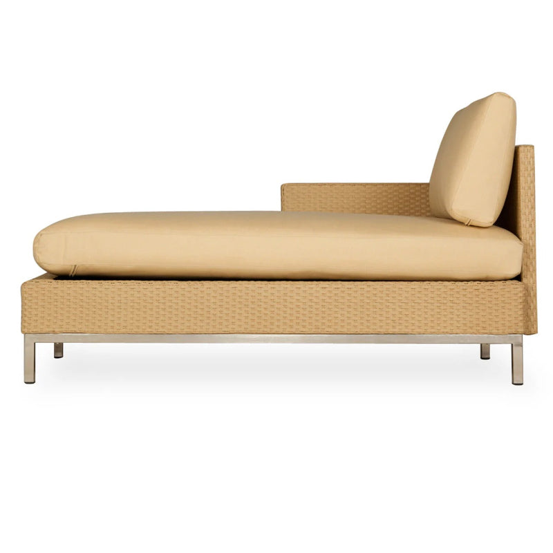 Beige outdoor lounge chair with cushion on a white background