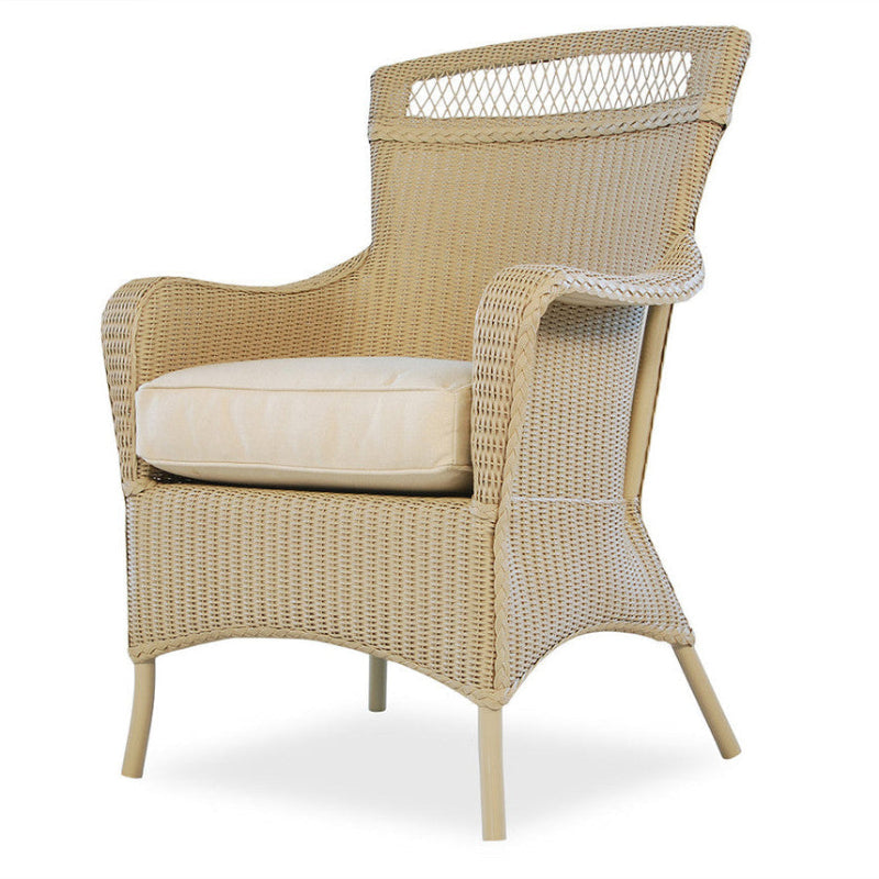 A beige wicker dining armchair with a cushioned seat and backrest, designed for outdoor patio dining.