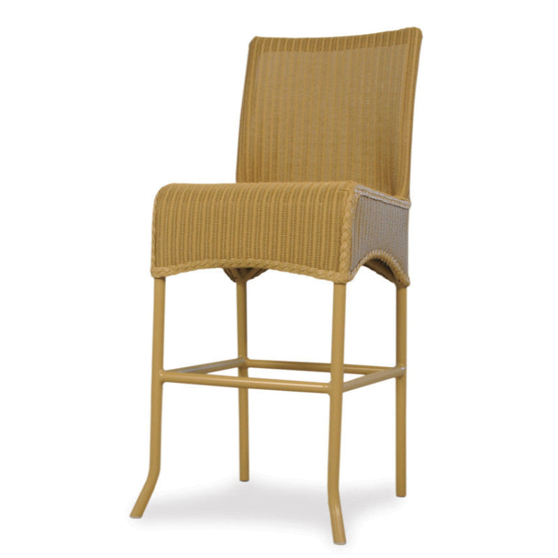 Wicker bar stool with a woven seat and backrest on a white background