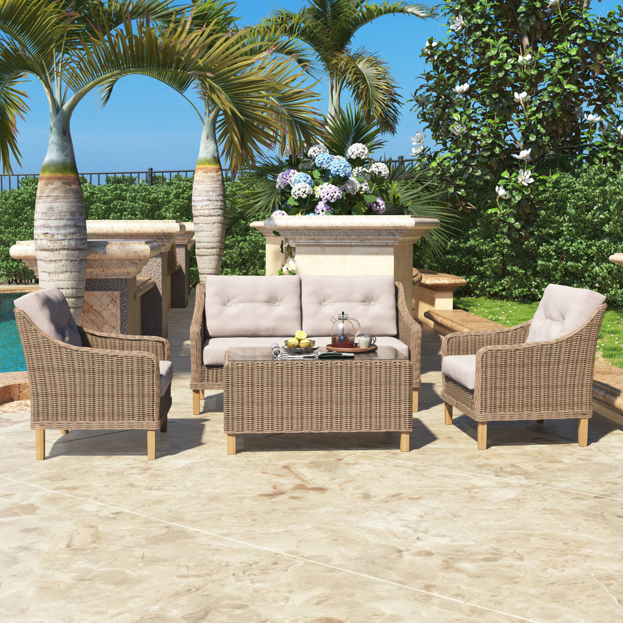 Forever Patio 4 Piece Carlisle Loveseat Set with Woven Coffee Table (Toss Pillows and End Table Sold Separately)