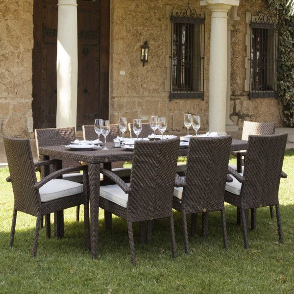 Hospitality Rattan Soho 9 PC Rectangular Dining Arm Chair Group with Cushions